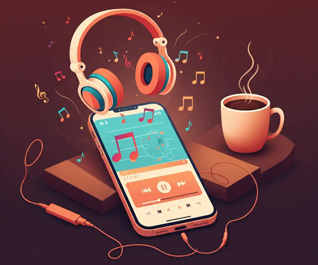 A setup featuring a smartphone with a playlist app open, surrounded by headphones, a steaming coffee cup, books, and colorful floating musical notes
