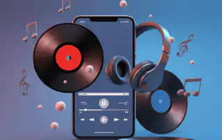 A smartphone displaying a music player interface, surrounded by floating vinyl records, headphones