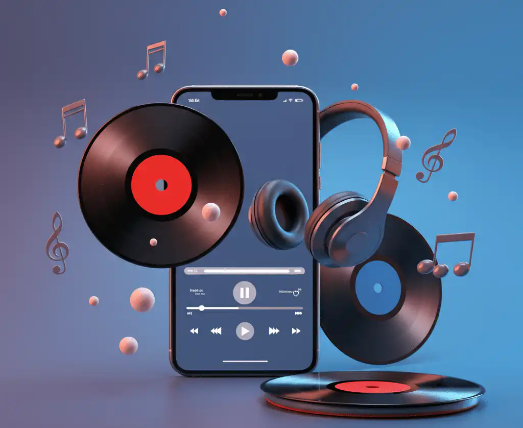 A smartphone displaying a music player interface, surrounded by floating vinyl records used for creating playlists, headphones