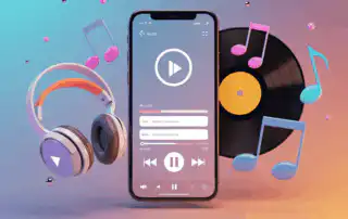 A smartphone with a music player interface at the center, displaying a perfect music playlist and playback controls
