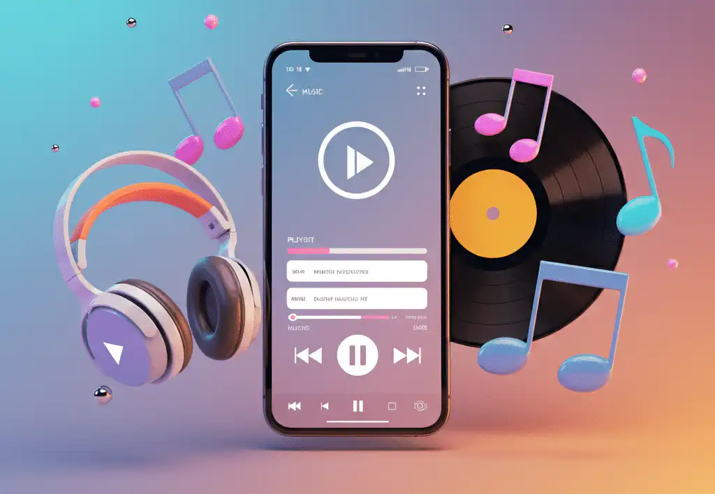 A smartphone with a music player interface at the center, displaying a perfect music playlist and playback controls
