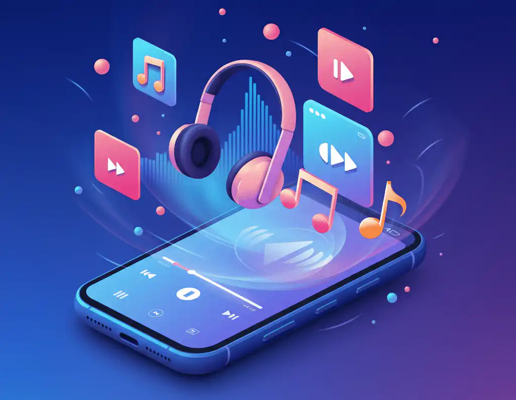 A smartphone with a music streaming interface, surrounded by vibrant sound waves, musical notes, and colorful icons