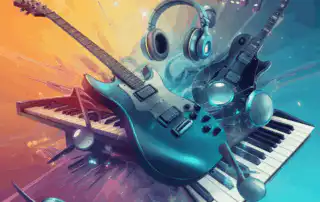 A vibrant and artistic image showcasing the diversity of musical instruments used for creating music playlists