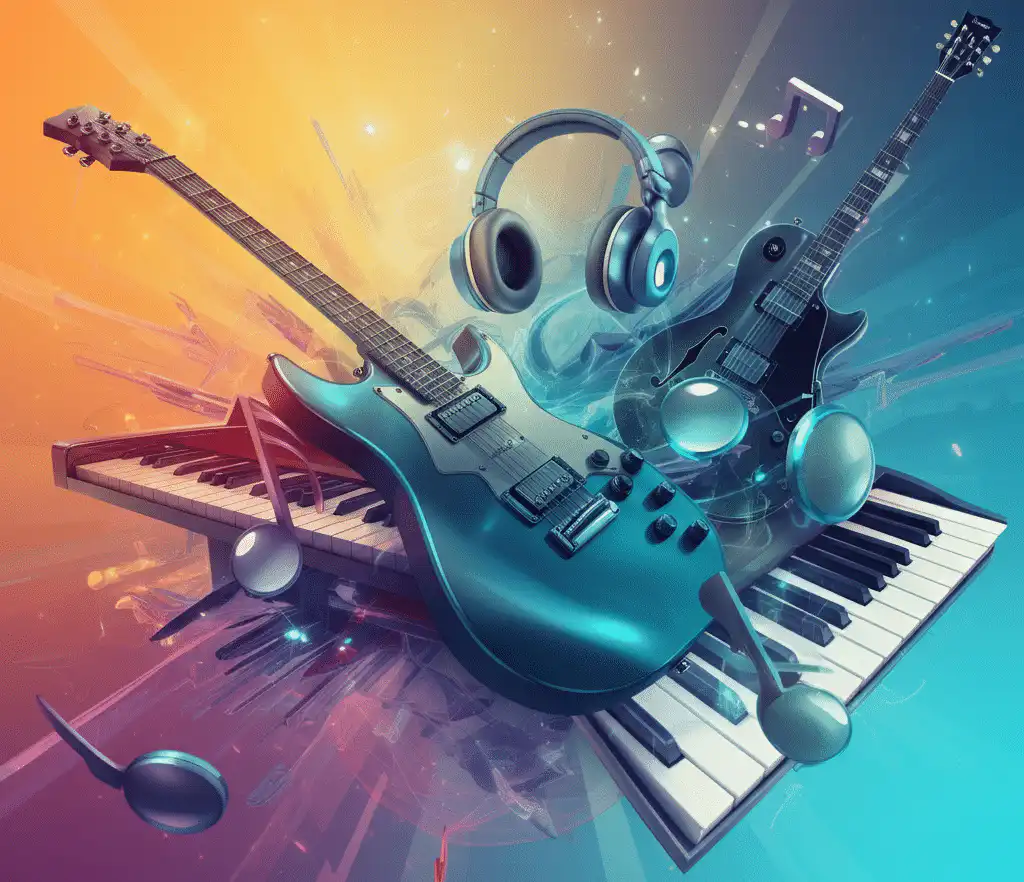 A vibrant and artistic image showcasing the diversity of musical instruments used for creating music playlists