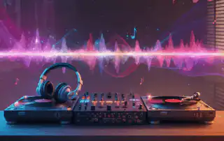 DJ setup featuring two turntables used for music curation and a central mixing console with colorful soundwaves