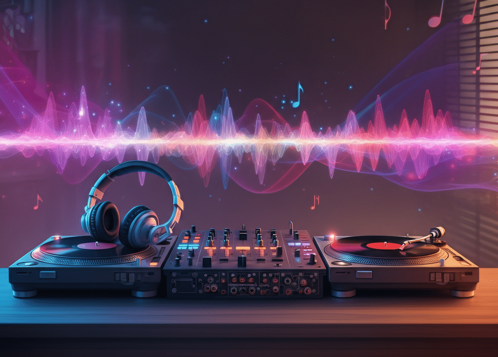 DJ setup featuring two turntables used for music curation and a central mixing console with colorful soundwaves