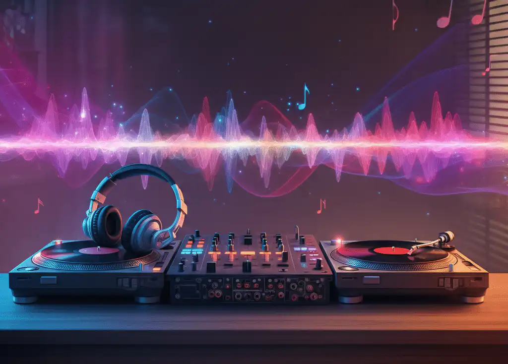 DJ setup featuring two turntables used for music curation and a central mixing console with colorful soundwaves