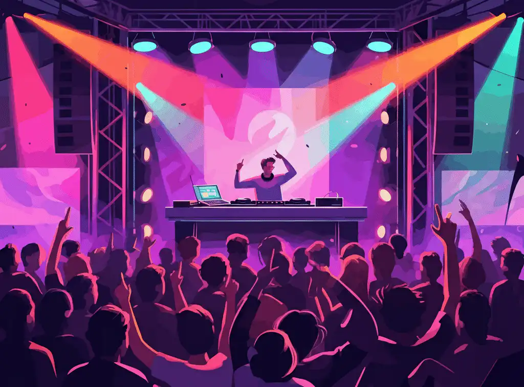 DJ stands behind a modern booth on a brightly lit stage, raising one arm to engage a lively crowd. Highlighting the importance of professional music curation in creating an energetic and memorable event