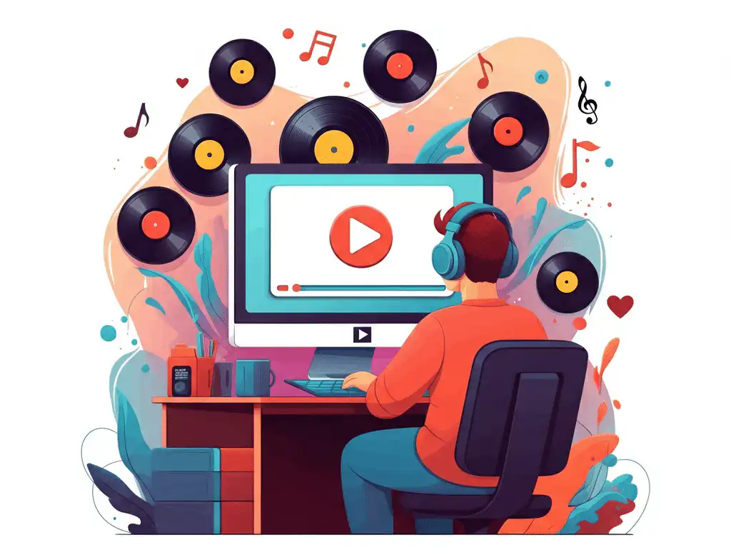 Playlist curators Illustration of a person wearing headphones, sitting at a desk with a computer screen displaying a play button