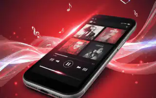 Smartphone displaying a music playlist with four album covers, music controls, and a vibrant red background.