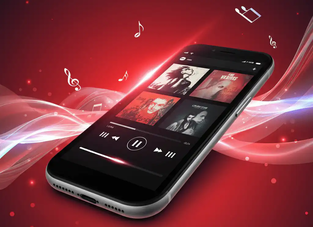 Smartphone displaying a music playlist with four album covers, music controls, and a vibrant red background.