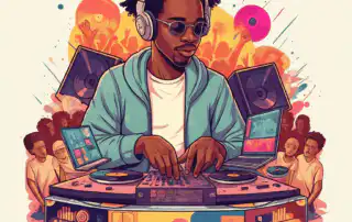 A DJ choosing a different song selection style while wearing headphones and sunglasses is mixing tracks on a modern setup