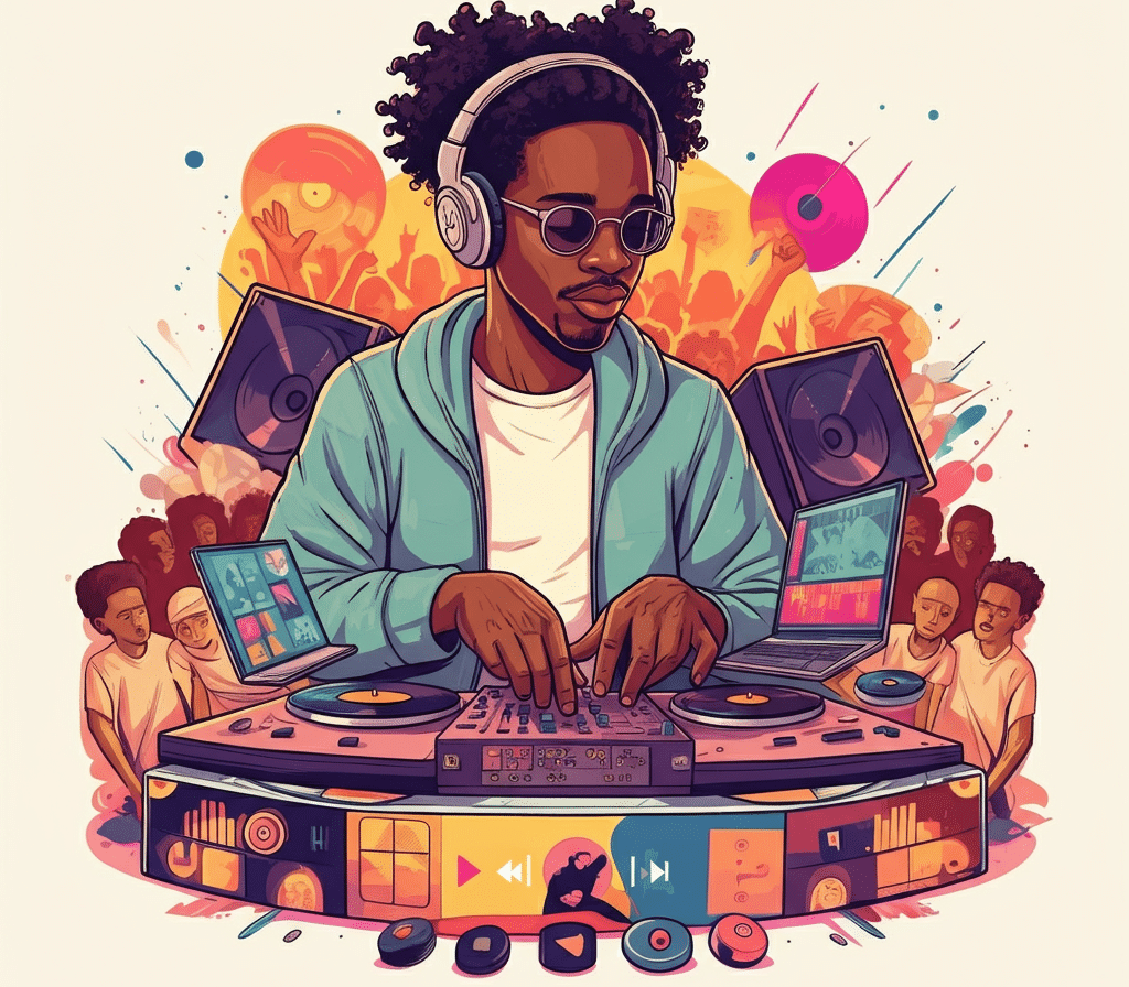 A DJ choosing a different song selection style while wearing headphones and sunglasses is mixing tracks on a modern setup