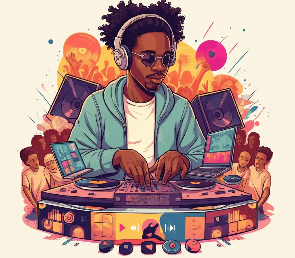A DJ choosing a different song selection style while wearing headphones and sunglasses is mixing tracks on a modern setup