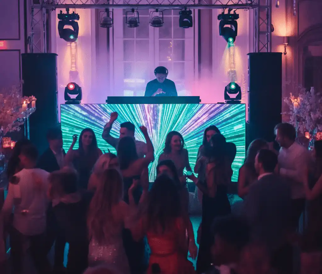 A DJ performing at a grand private party, standing behind a modern booth with vibrant LED visuals in blue and green
