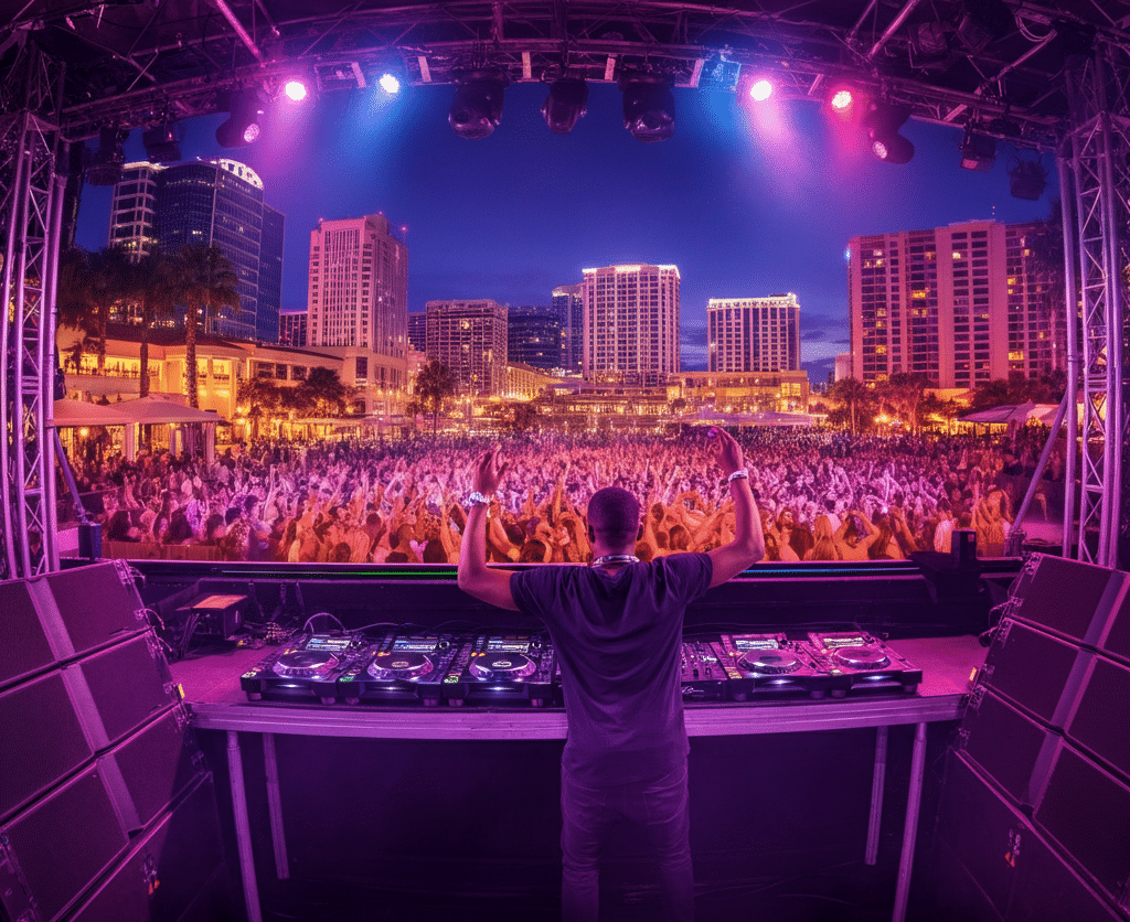 A DJ performing on a grand stage at a large outdoor event in Orlando