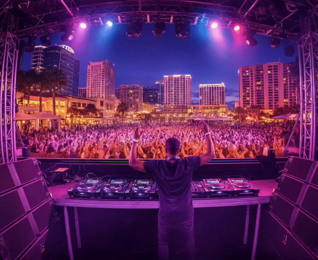 A DJ performing on a grand stage at a large outdoor event in Orlando