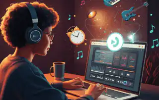 A DJ sits at a desk, focused on a laptop displaying a curated playlist