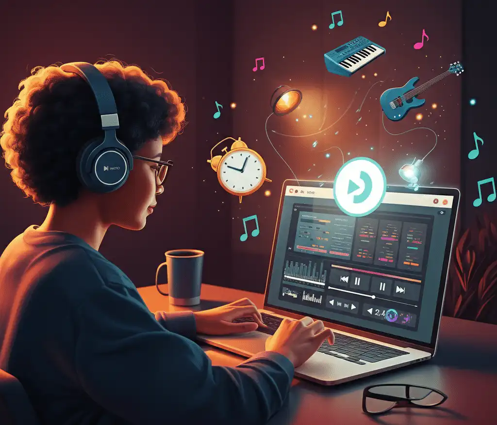 A DJ sits at a desk, focused on a laptop displaying a curated playlist