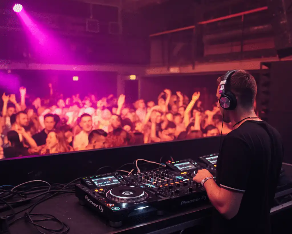 A DJ song selection performing on professional Pioneer DJ equipment