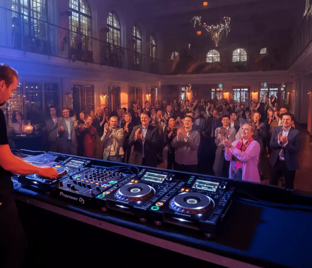A curate song played by a DJa t large corporate event in an elegant venue with high ceilings, chandeliers, and arched windows