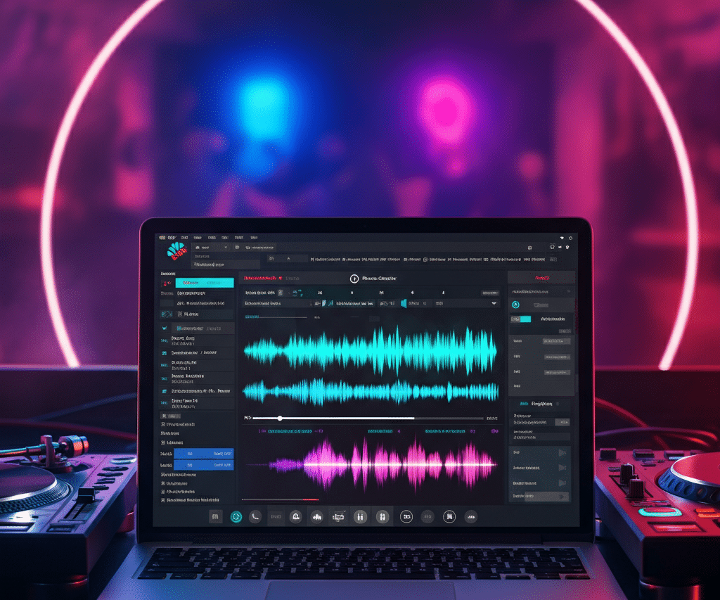 A laptop displaying a DJ playlist with a vibrant audio software and magenta waveforms