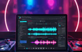 A laptop displaying a DJ playlist with a vibrant audio software and magenta waveforms