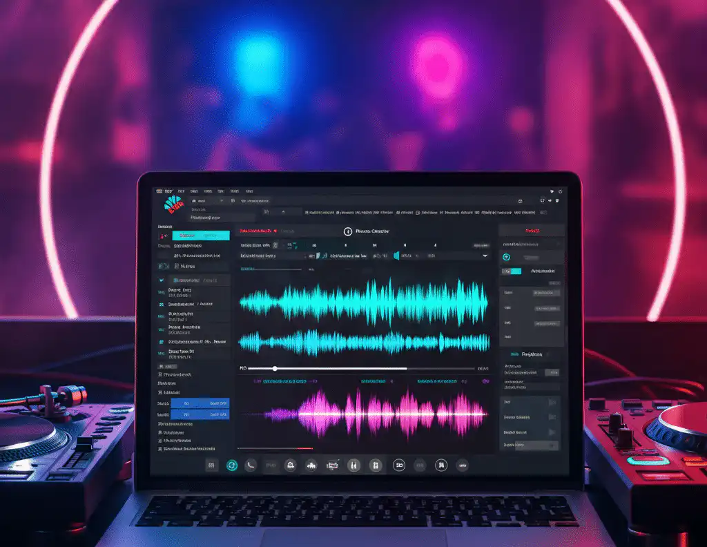 A laptop displaying a DJ playlist with vibrant audio software and magenta waveforms — visualizing the technical and decision-making errors that cause DJ playlists to fail in corporate event settings