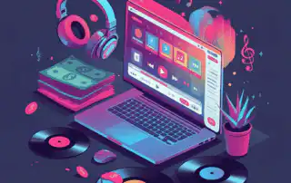A music curator workspace featuring a laptop with a media player interface, surrounded by over-ear headphones, vinyl records, a stack of dollar bills, and scattered coins