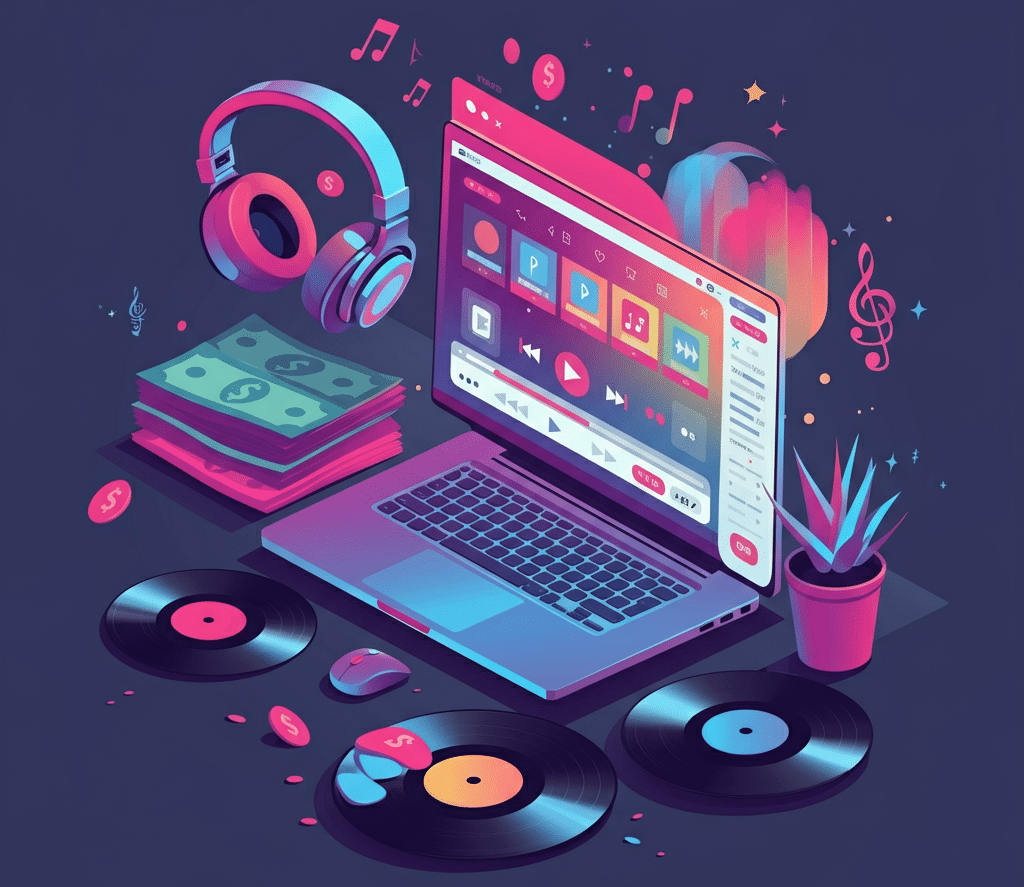 A music curator workspace featuring a laptop with a media player interface, surrounded by over-ear headphones, vinyl records, a stack of dollar bills, and scattered coins