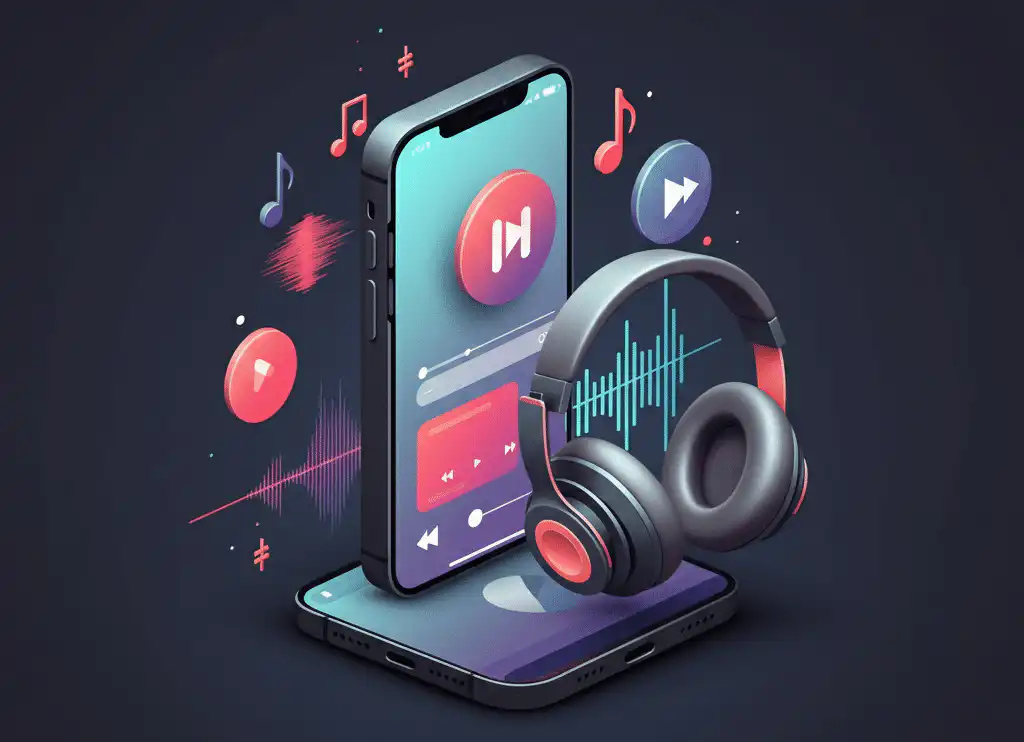 A smartphone displaying a music app with vibrant sound waves, musical notes, and headphones, symbolizing modern music streaming