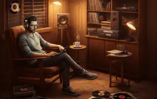 A song curator sits in a cozy armchair wearing headphones and using a laptop, surrounded by vinyl records, a record player, and audio equipment
