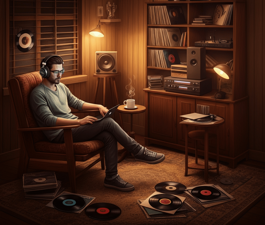 A song curator sits in a cozy armchair wearing headphones and using a laptop, surrounded by vinyl records, a record player, and audio equipment