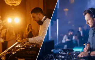 A split-screen image showcasing two distinct DJ event settings. On the left, a DJ performs at a wedding. On the right, a DJ plays at a corporate event
