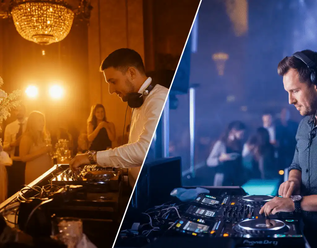 A split-screen image showcasing two distinct DJ event settings. On the left, a DJ performs at a wedding. On the right, a DJ plays at a corporate event