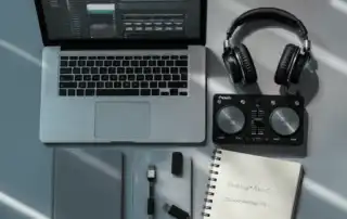 Overhead view of a DJ tools used to create a DJ playlist