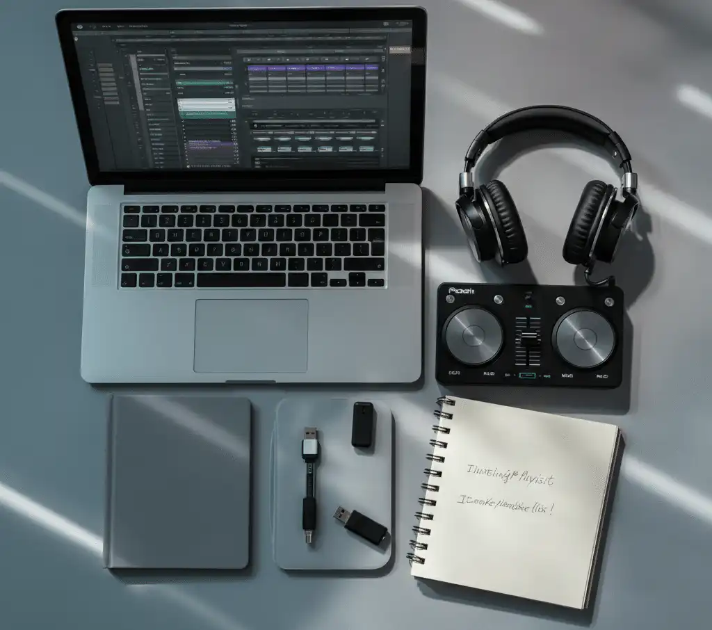 Overhead view of a DJ tools used to create a DJ playlist