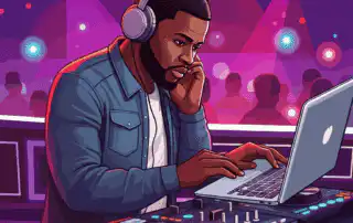 A DJ with short hair and a beard creating a music selection