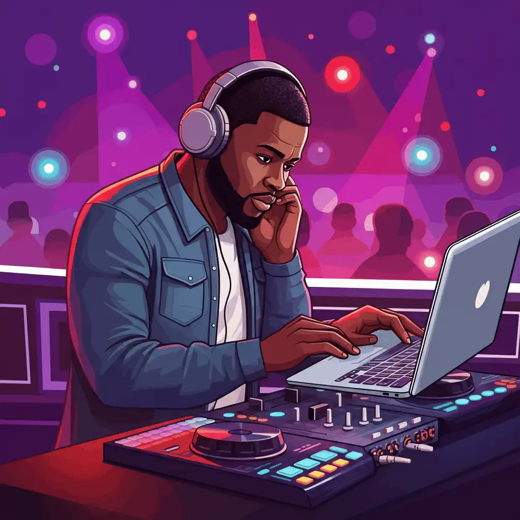 A DJ with short hair and a beard creating a music selection