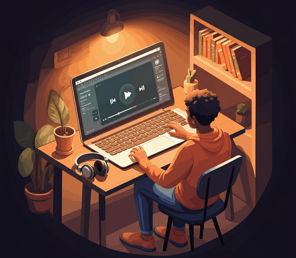 A curator of music curating songs to his laptop