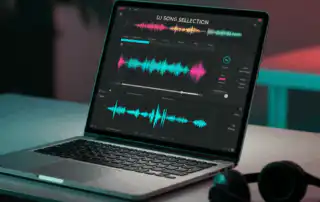A laptop displaying DJ software and a DJ song selection text