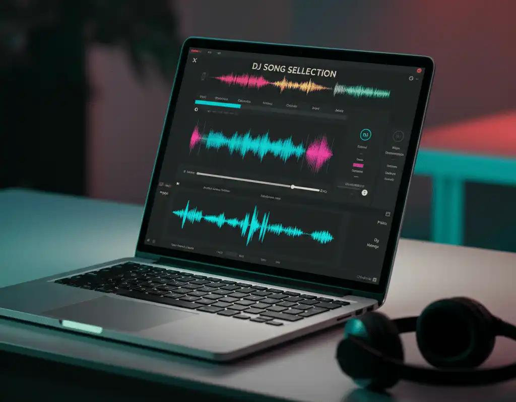 A laptop displaying DJ software and a DJ song selection text