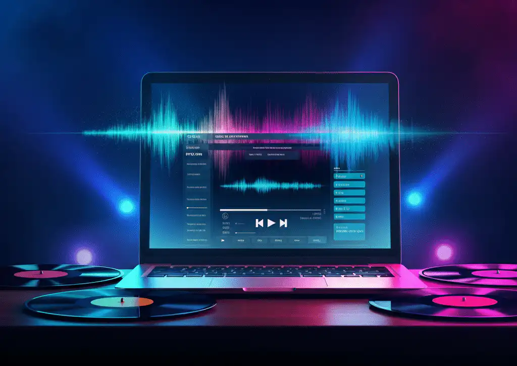 A laptop displaying a DJ song selection builder application