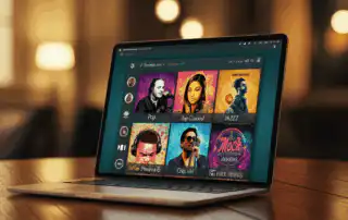 A laptop displaying all types of song playlists like pop, jazz, classical, and hip hop