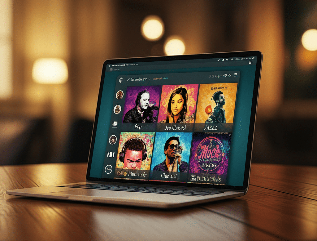 A laptop displaying all types of song playlists like pop, jazz, classical, and hip hop