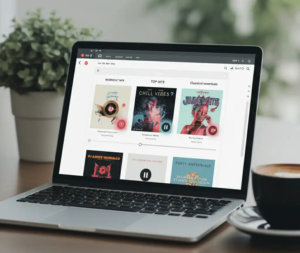 A laptop displaying different types of playlists, each with colorful album art and bold titles