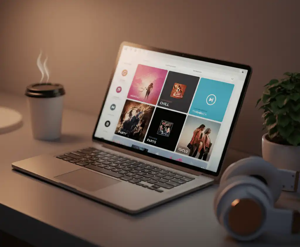 A laptop displaying different types of playlists with categories