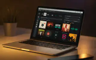 A laptop displaying music curation