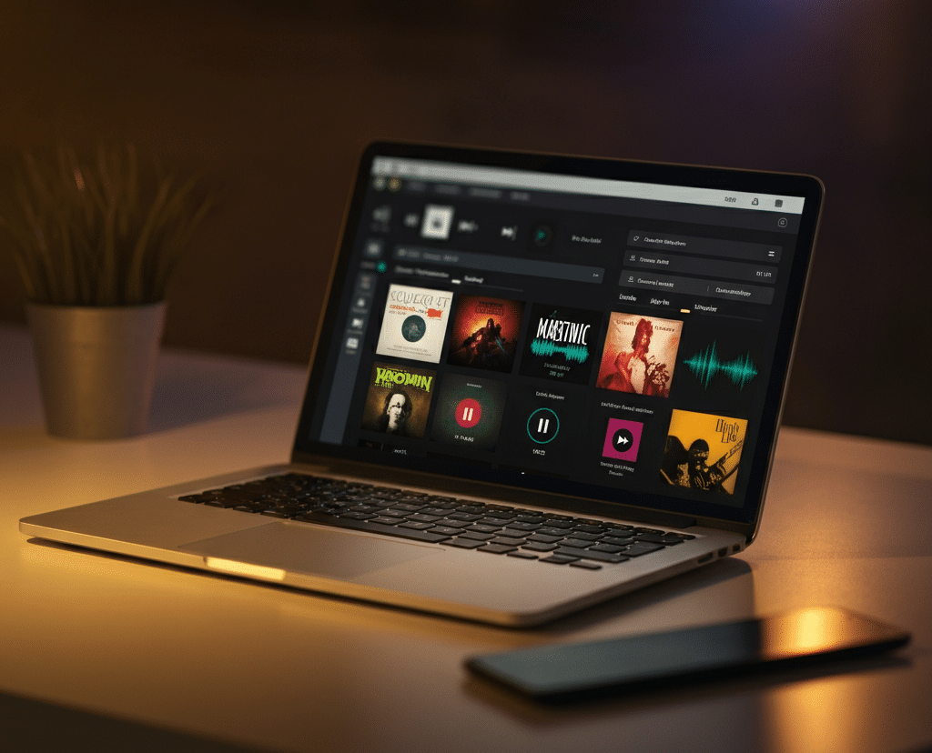 A laptop displaying music curation