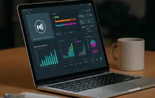 A laptop displays a dashboard of music streaming platform trends